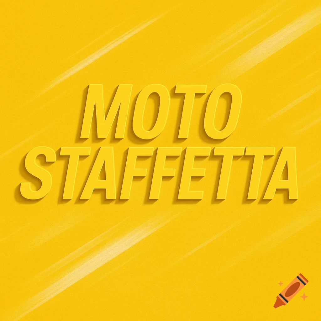 Yellow 3D text 'MOTO STAFFETTA' with a shadow effect on a textured yellow background.