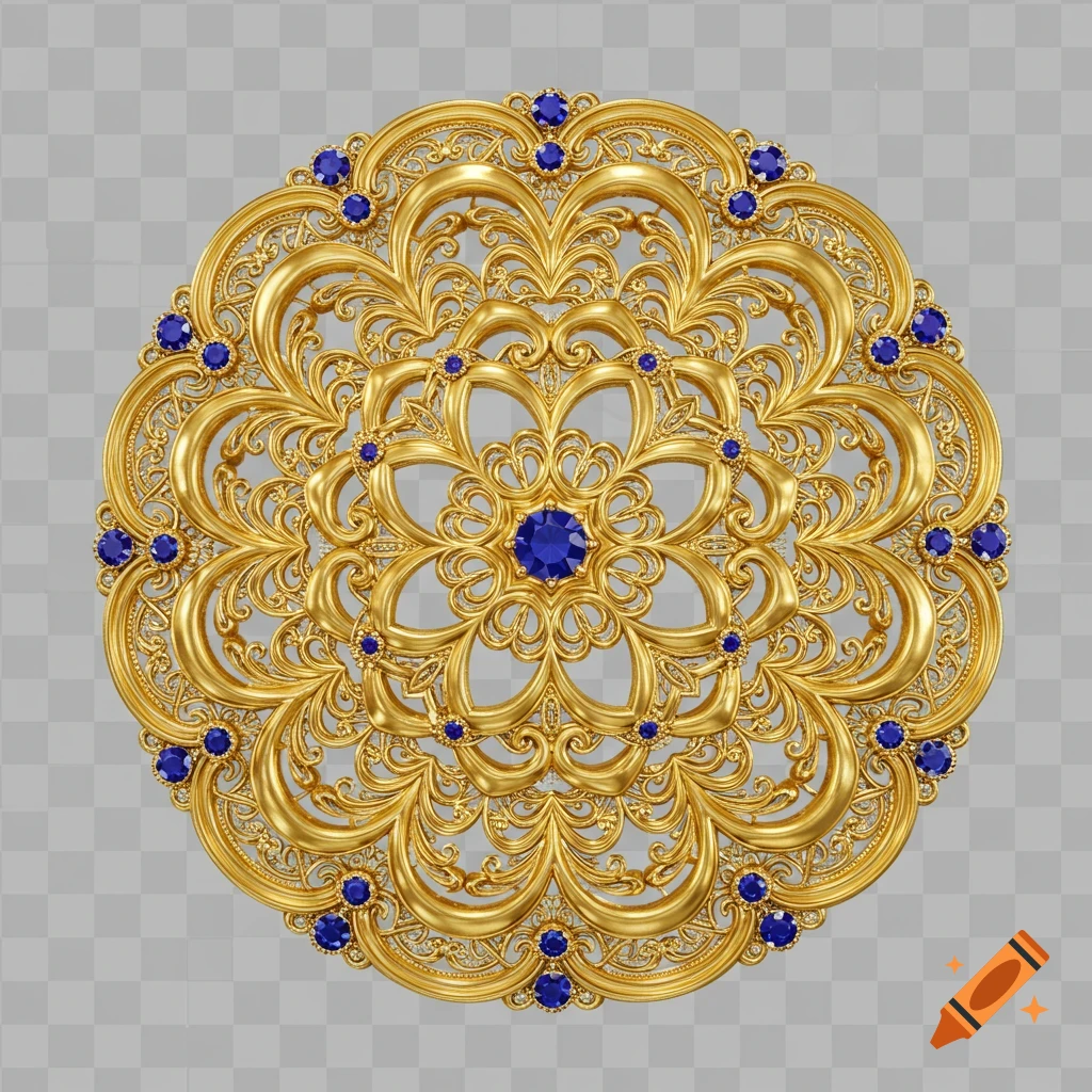 Intricate golden filigree circular ornament with numerous blue gemstones, on a transparent background.