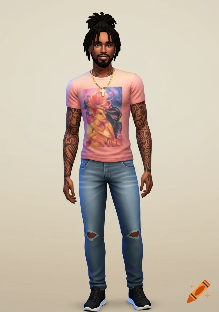 A full-body screenshot of a Black male Sims 4 character with dreadlocks, beard, tattoos, wearing a pink graphic tee, ripped jeans, and sneakers.