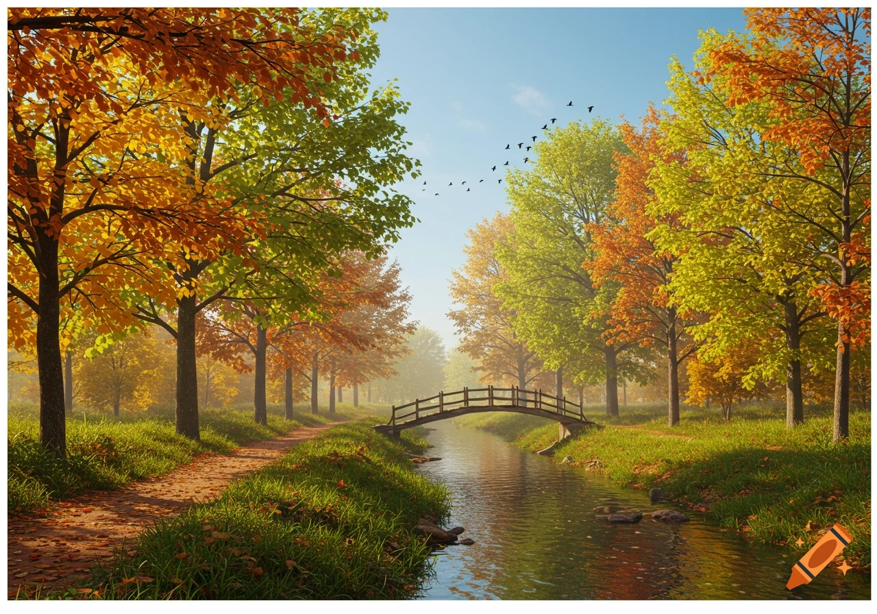 Serene autumn landscape with vibrant golden, red, and green trees, a calm stream with a wooden bridge, a dirt path, and birds in the sky.