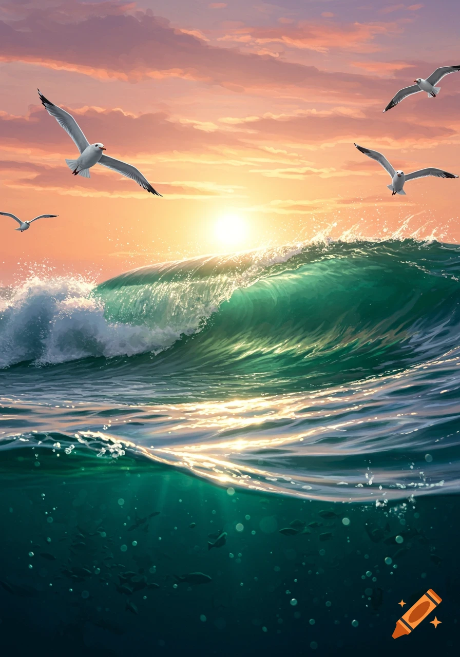 A vibrant ocean scene at sunset with a large wave breaking, seagulls flying, and fish swimming underwater in a digital painting style.