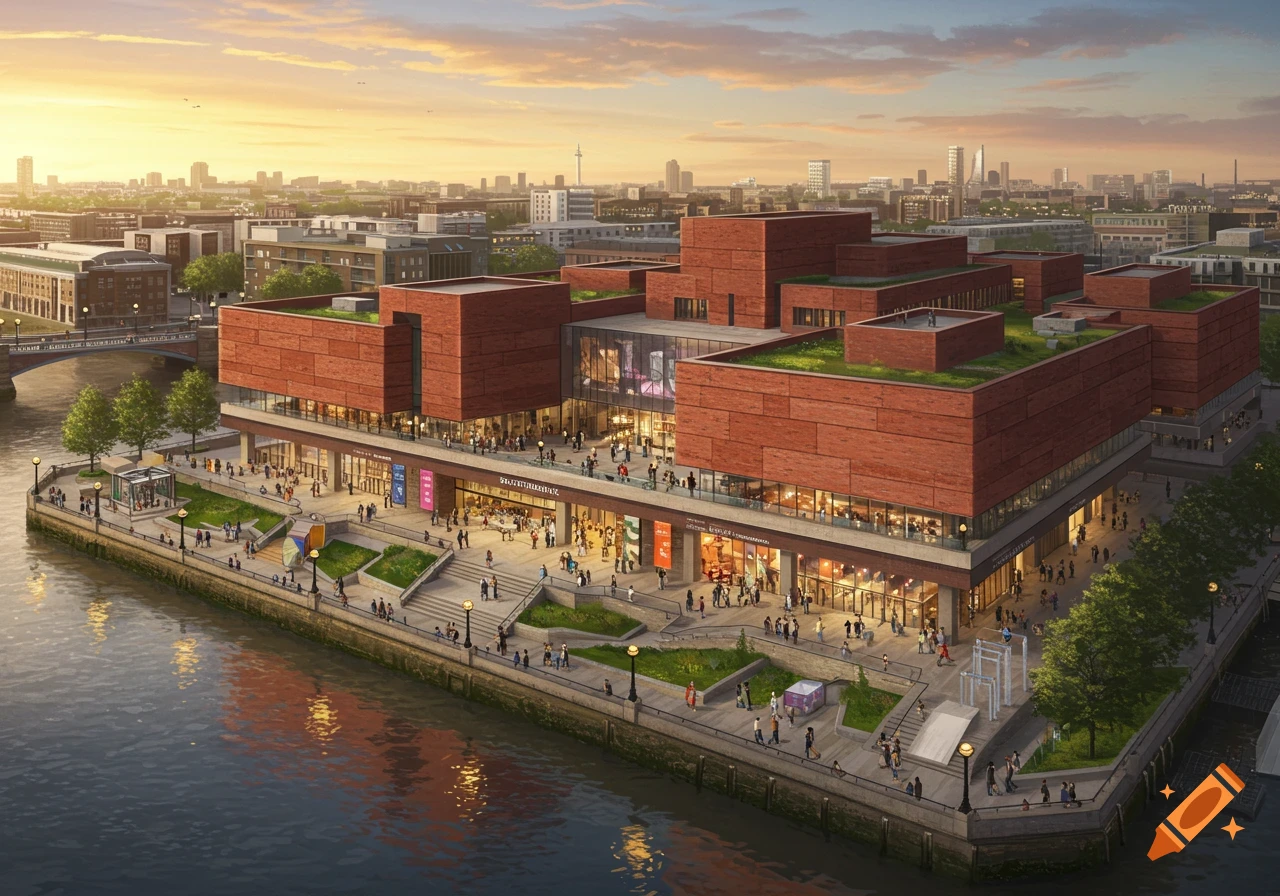 An aerial view of a modern brick building complex with green roofs, situated along a river with a bustling promenade at sunset.
