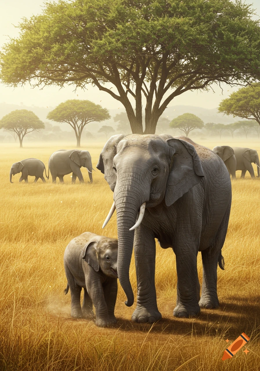 A large elephant and a baby elephant walk through a golden savanna with acacia trees under a bright sky, with more elephants in the background. Photorealistic style.