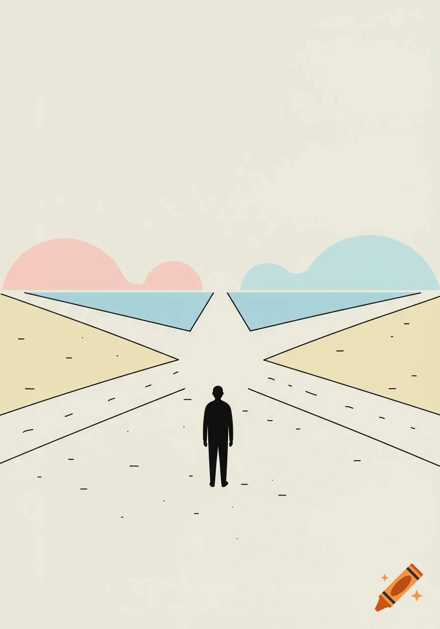 A silhouette of a person at a crossroads, two paths diverge towards a horizon with pink and blue skies, flat minimalist design.