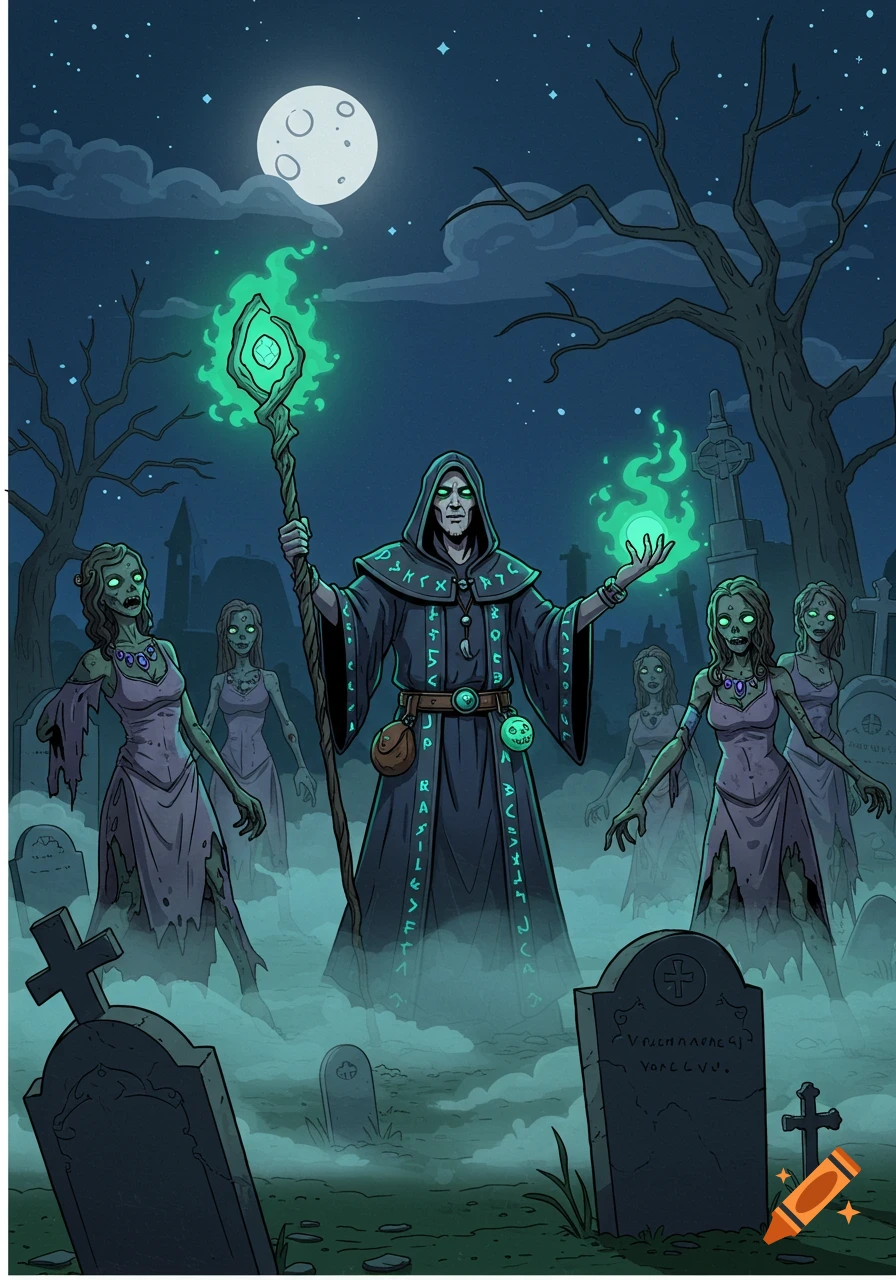 Cartoon necromancer raising zombie women in a misty graveyard under a full moon.