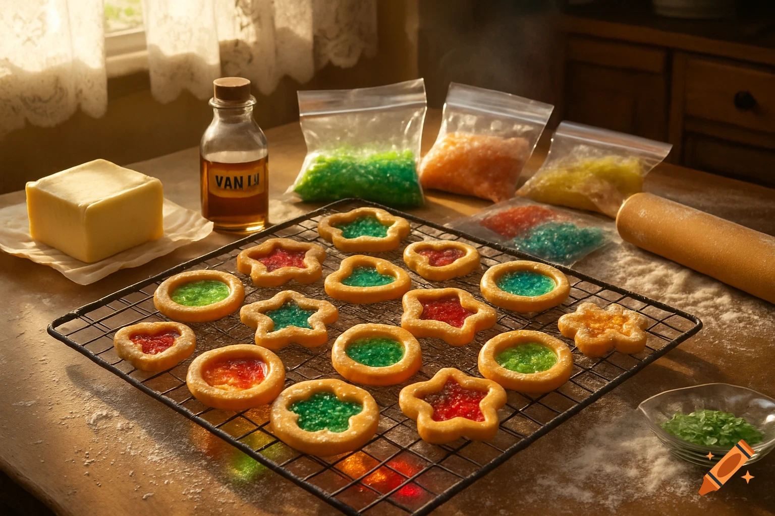 Photorealistic image of stained glass window cookies on a cooling rack, surrounded by baking ingredients like butter, vanilla, and crushed candies on a wooden table.