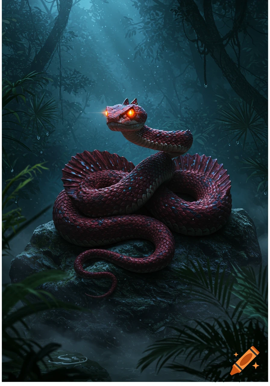 A dramatic red fantasy snake with glowing orange eyes coils on a mossy rock in a dark, misty jungle.