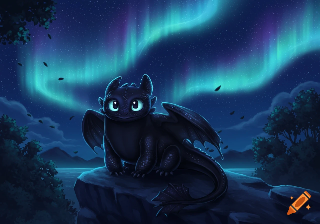 A cute black dragon resembling Toothless sits on a rock by water under a starry night sky with vibrant northern lights, cartoon illustration.