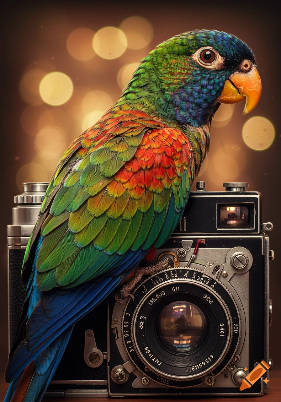 A vibrant green, blue, and red parrot perches on an old film camera with bokeh lights in the background, captured in a photorealistic style.