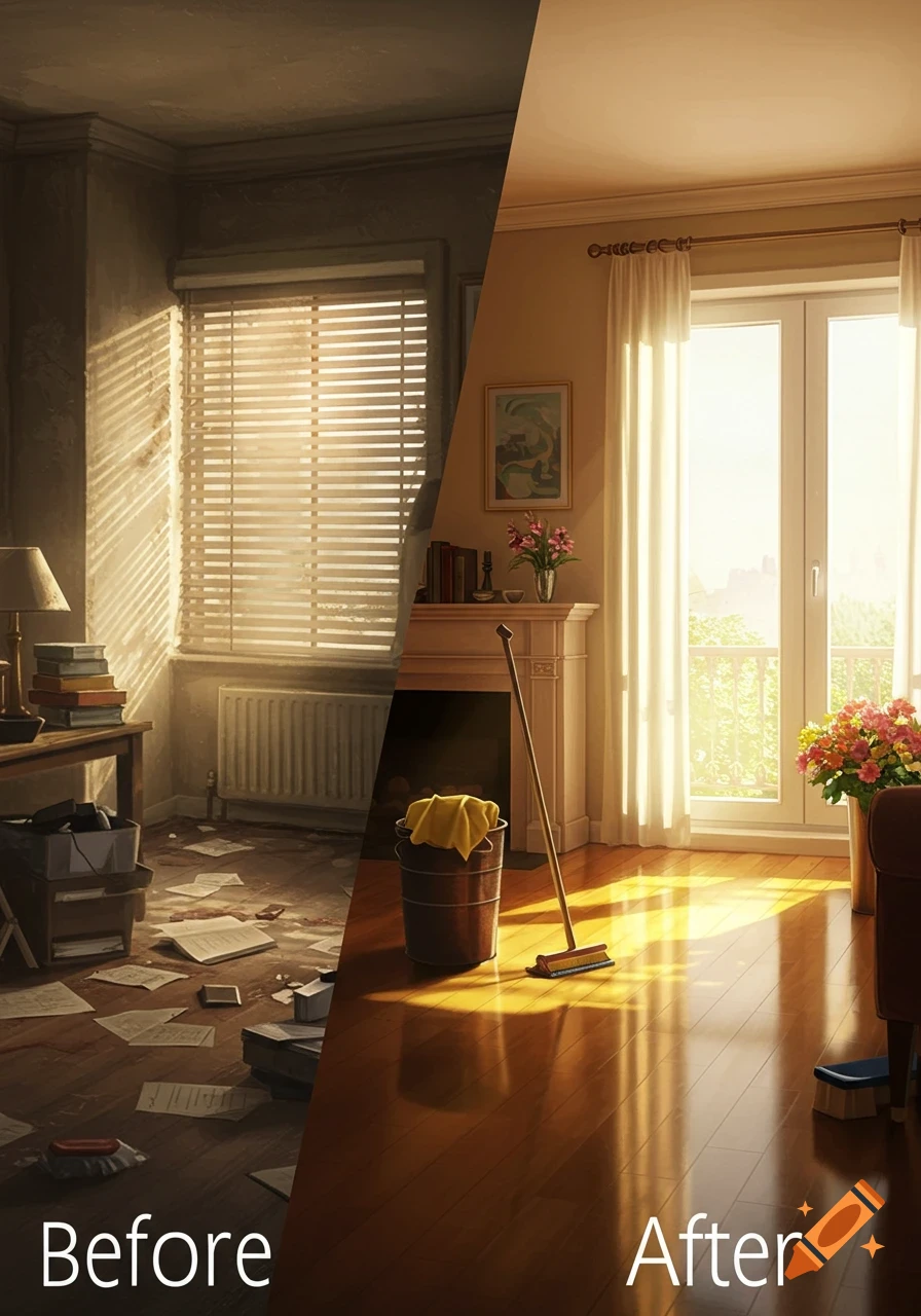 A split image showing a messy, dimly lit room on the left (Before) and a clean, brightly lit room with polished floors on the right (After).