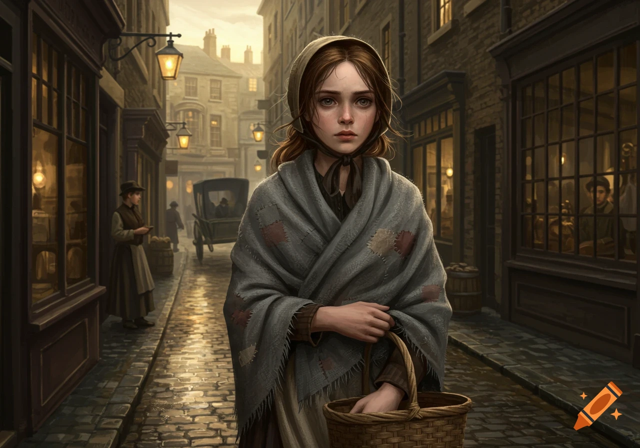 A forlorn young girl in a bonnet and patched grey shawl stands on a cobblestone street in an old European city, holding a basket.
