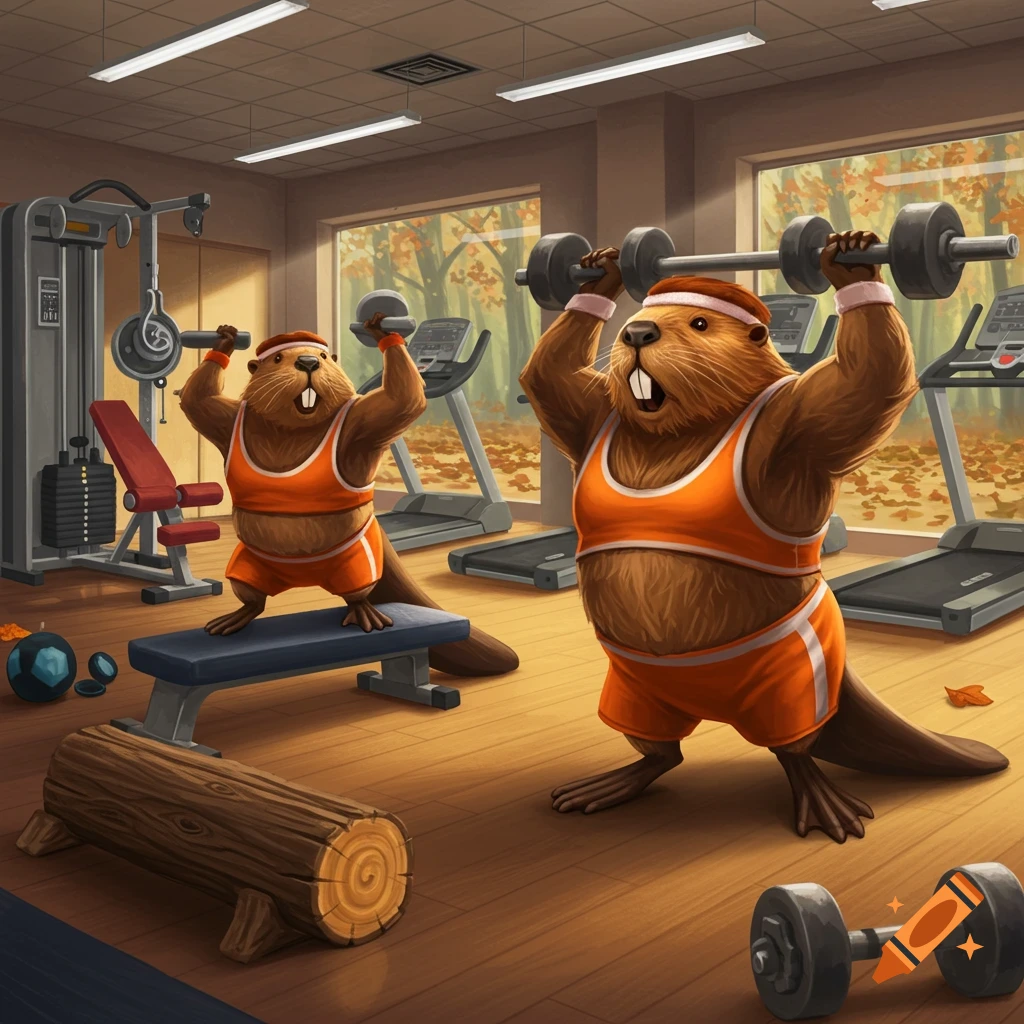 Two cartoon beavers lift weights in a gym, with autumn trees visible through large windows.