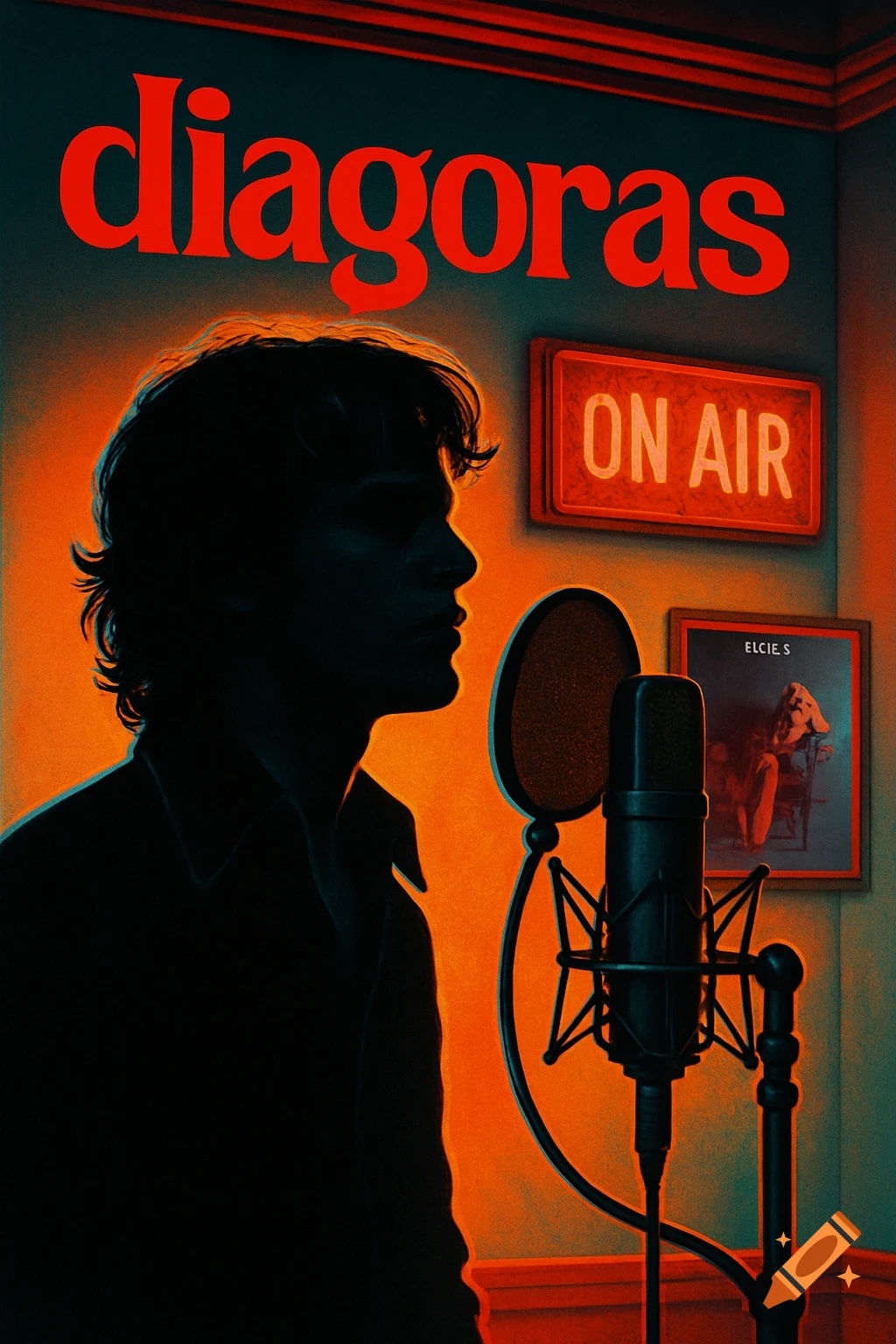 A man in silhouette with blue outlines stands at a retro microphone in a recording studio. Red text "diagoras" floats above his head. A red "ON AIR" sign and an album cover are on the wall.