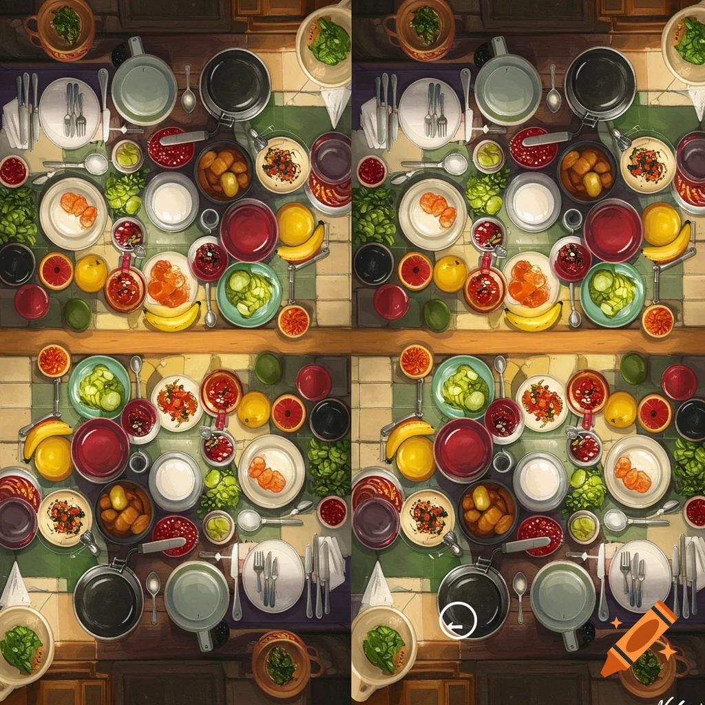 Colorful digital art from above, a kitchen table with plates, utensils, fruits, and vegetables, repeated side-by-side.