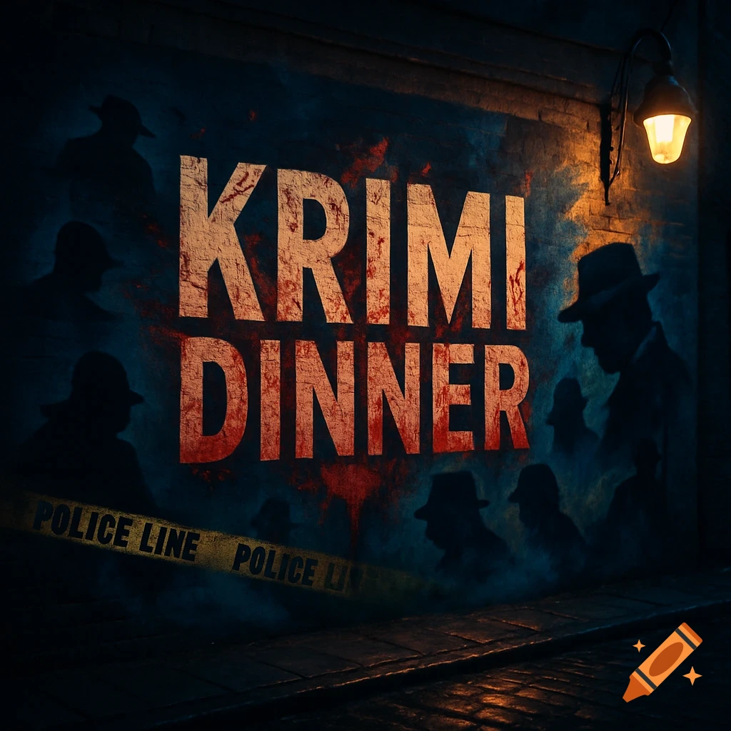 Gritty crime scene with 'KRIMI DINNER' text on a wall, shadowy figures, and 'POLICE LINE' tape.