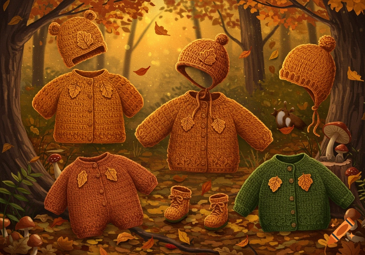 Crocheted children's sweaters, hats, and booties in autumn colors, adorned with leaves, against a fall forest background.