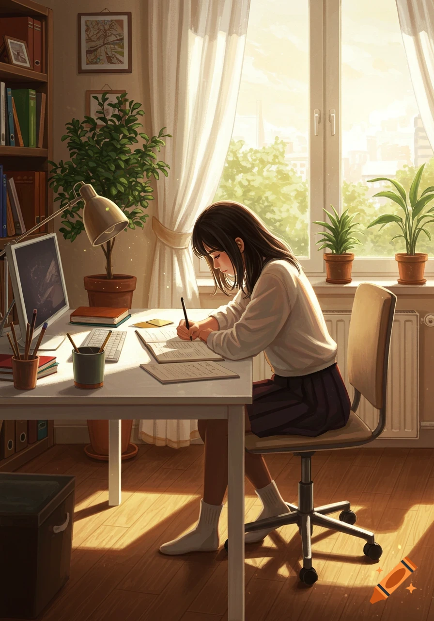 An anime illustration of a girl studying at a sunlit desk in a room with plants and a bookshelf.