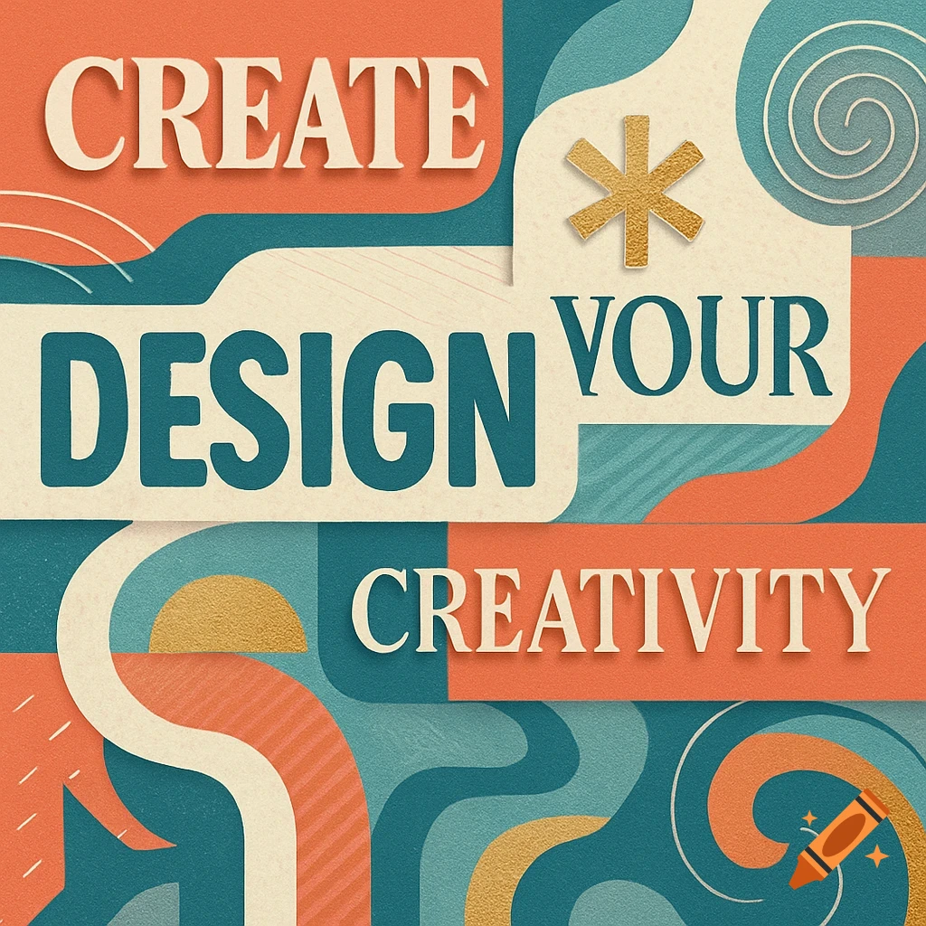 Stylized graphic design with words 'CREATE DESIGN YOUR CREATIVITY' in cream, teal, and orange retro colors with gold accents.