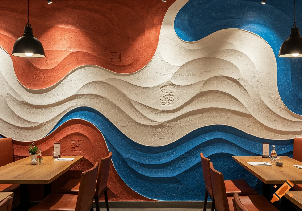 A cafe interior featuring a textured decorative wall with wavy patterns in red, white, and blue, incorporating stylized Iranian script.