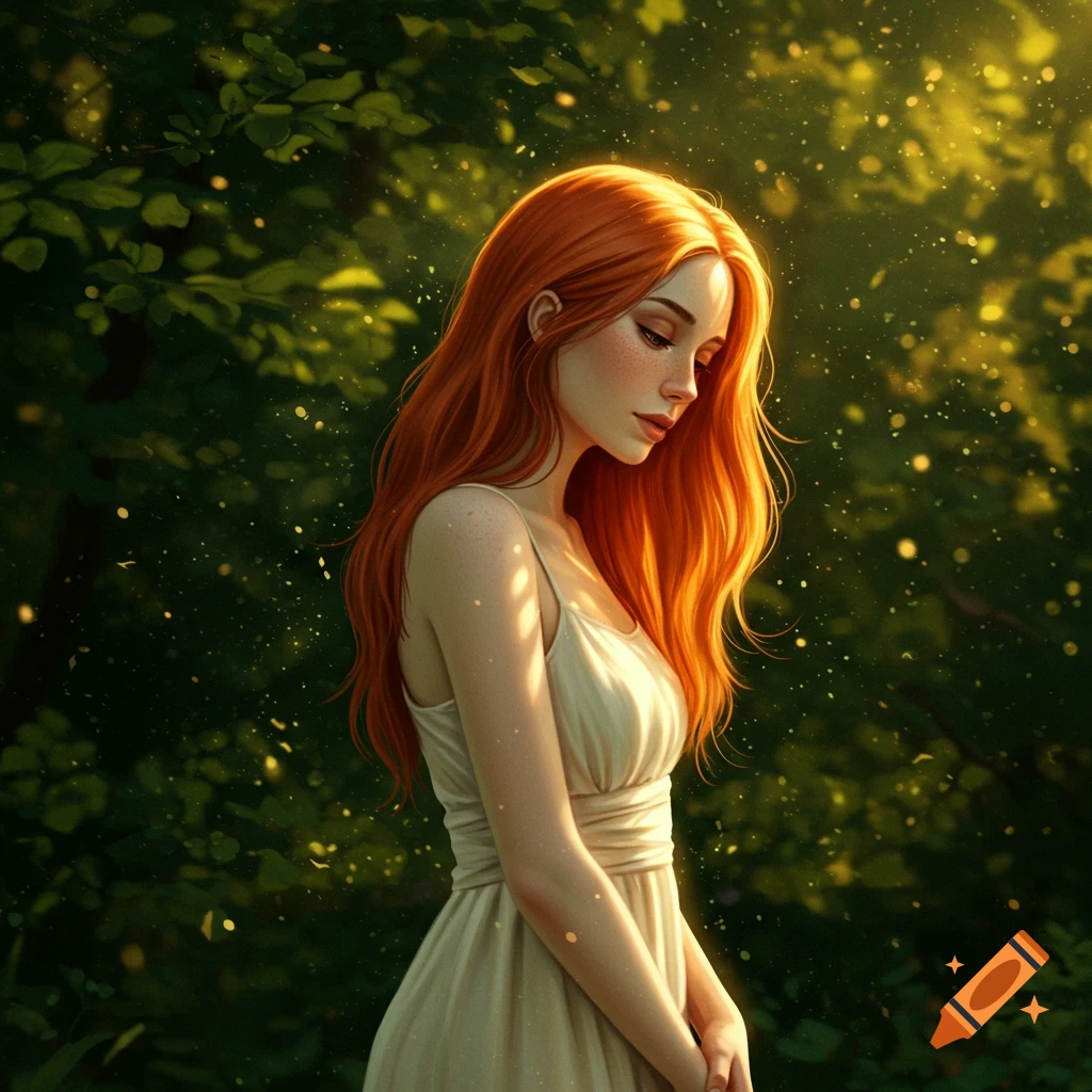 A red-haired woman in a cream dress stands in an ethereal forest with dappled light and glowing specks, looking down.
