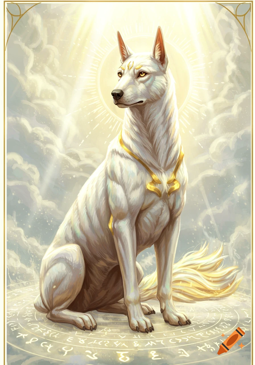 A majestic white wolf-like dog with golden markings and glowing yellow eyes sits amidst clouds, bathed in divine light. Golden sun rays emanate from behind its head, and it sits on a circular pattern of glowing symbols.