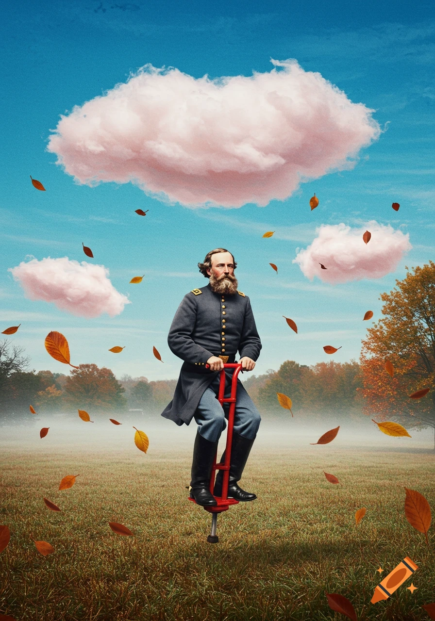 A man resembling Stonewall Jackson in military attire rides a red pogo stick in an autumn field with falling leaves and pink clouds.