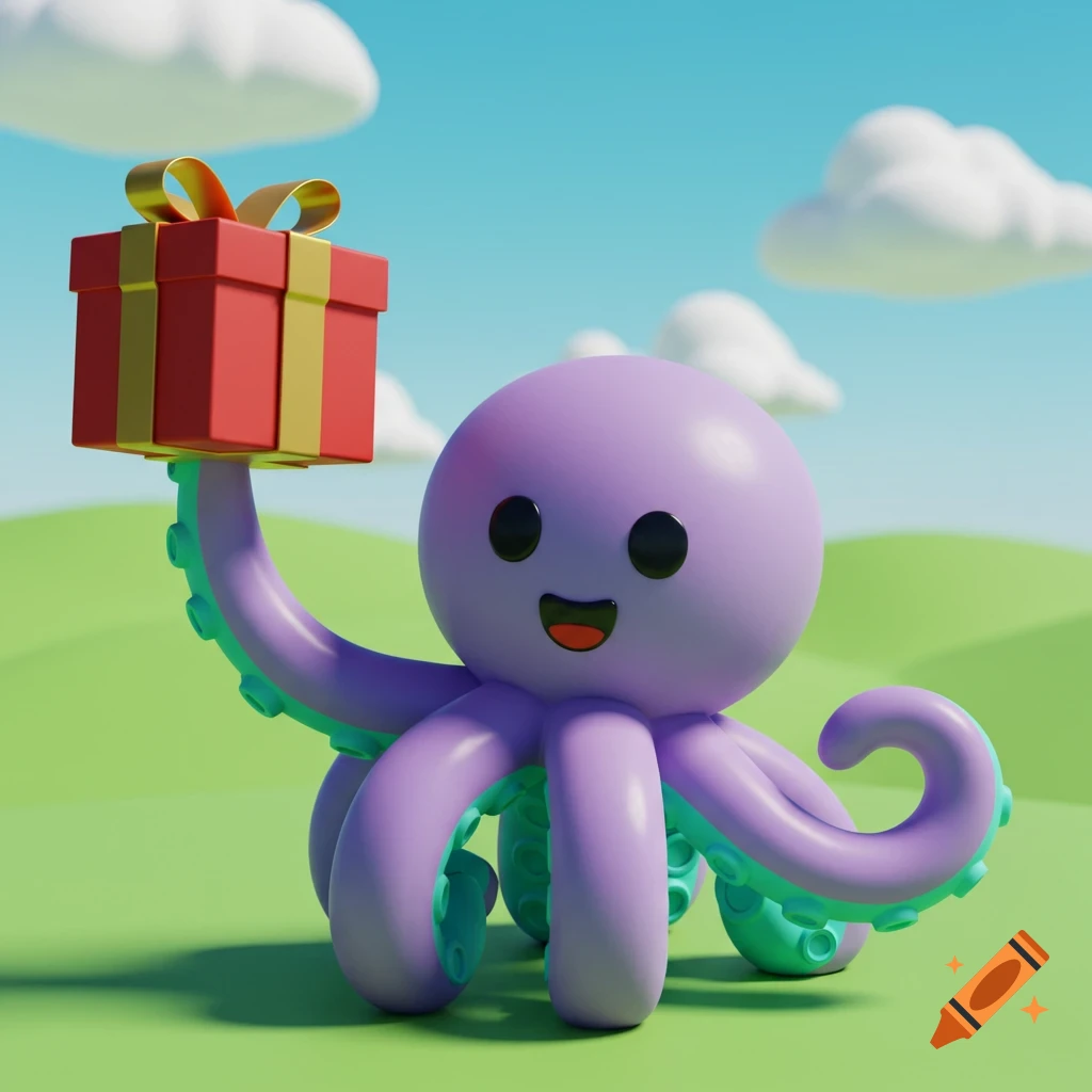 A cute purple Roblox-style octopus holds a red gift box against green hills and a blue sky.