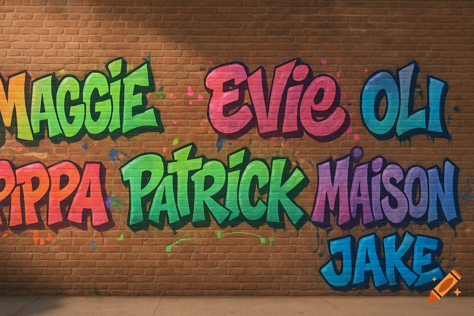 Colorful graffiti names like Maggie, Evie, Oli, Pippa, Patrick, Maison, and Jake spray-painted on a brick wall.