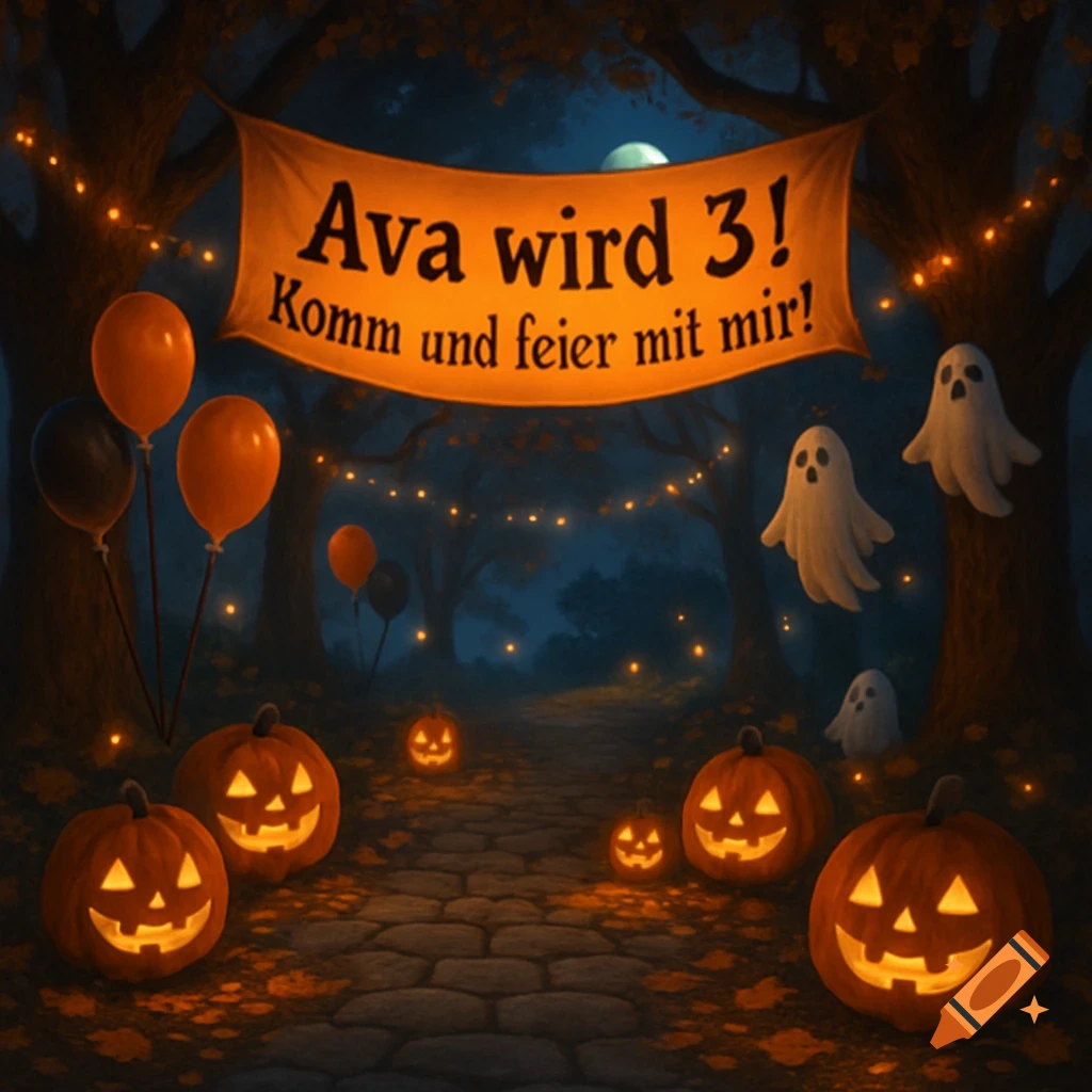 A whimsical Halloween scene at night with glowing jack-o'-lanterns, balloons, floating ghosts, and a banner reading "Ava wird 3! Komm und feier mit mir!".