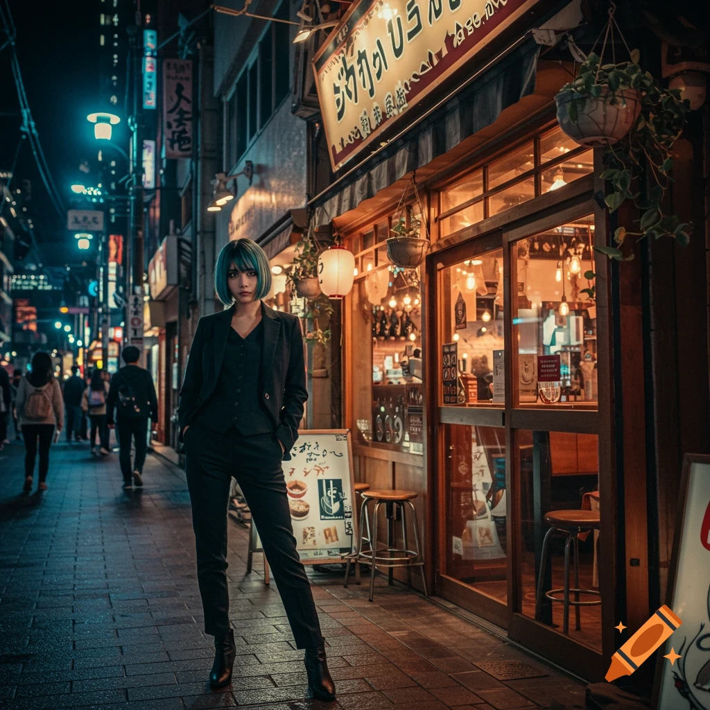 Photorealistic image of a woman with blue hair in a black suit standing on a wet Tokyo street at night, in front of a brightly lit cafe.
