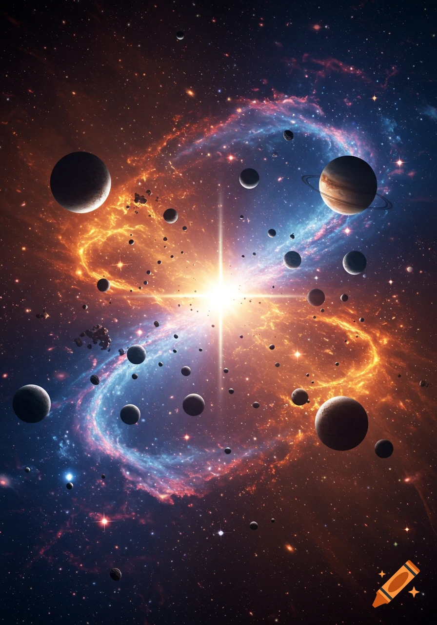 A vibrant cosmic scene with a bright central starburst, surrounded by swirling orange and blue nebulae, with many planets and asteroids scattered throughout deep space.