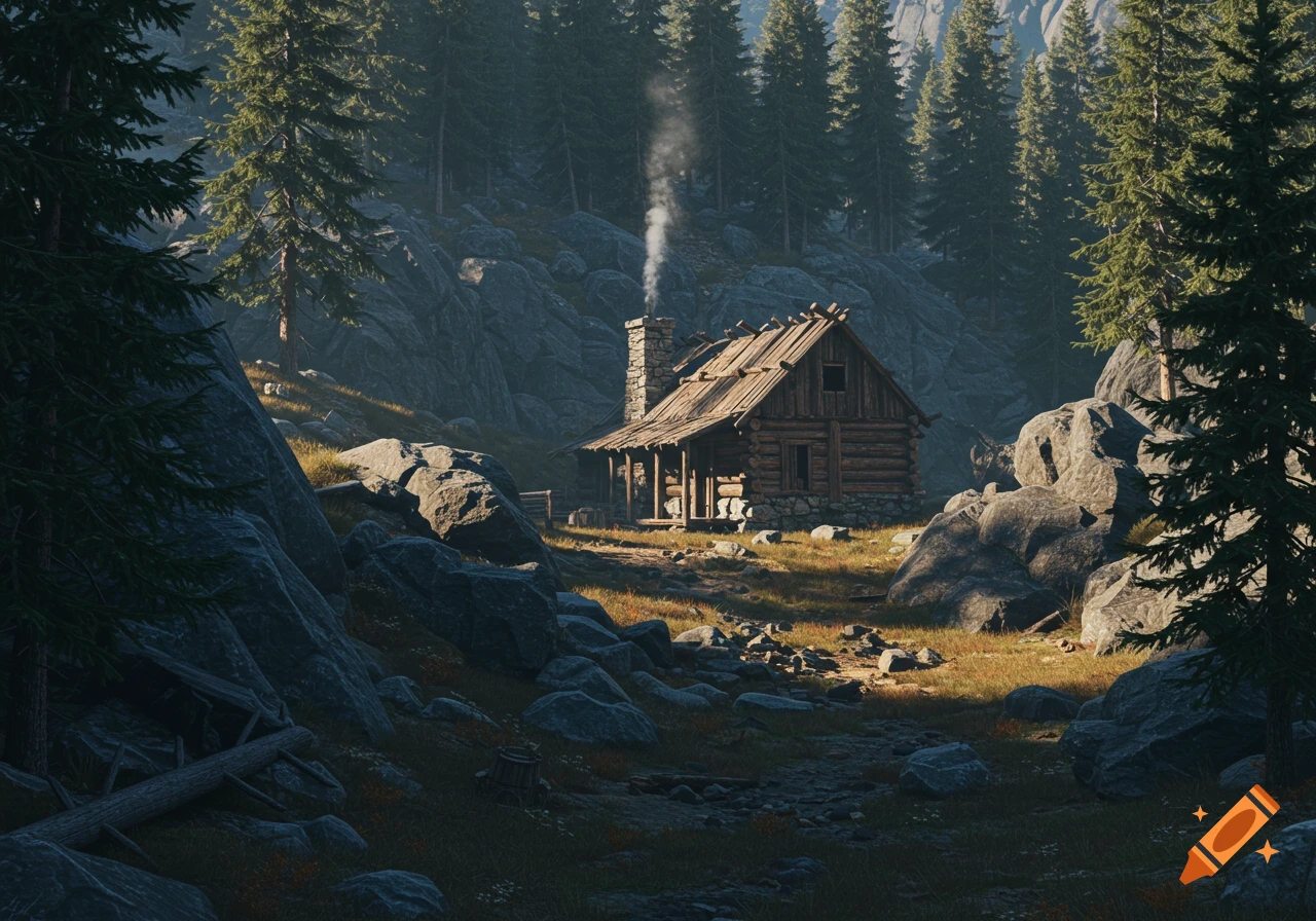 A rustic log cabin with a smoking chimney nestled among dense evergreen trees and rocky outcrops in a sun-dappled mountain forest.