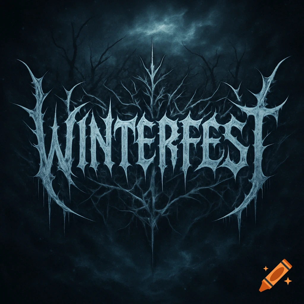 A stylized, icy 'WINTERFEST' death metal logo against a dark, bare winter forest background.