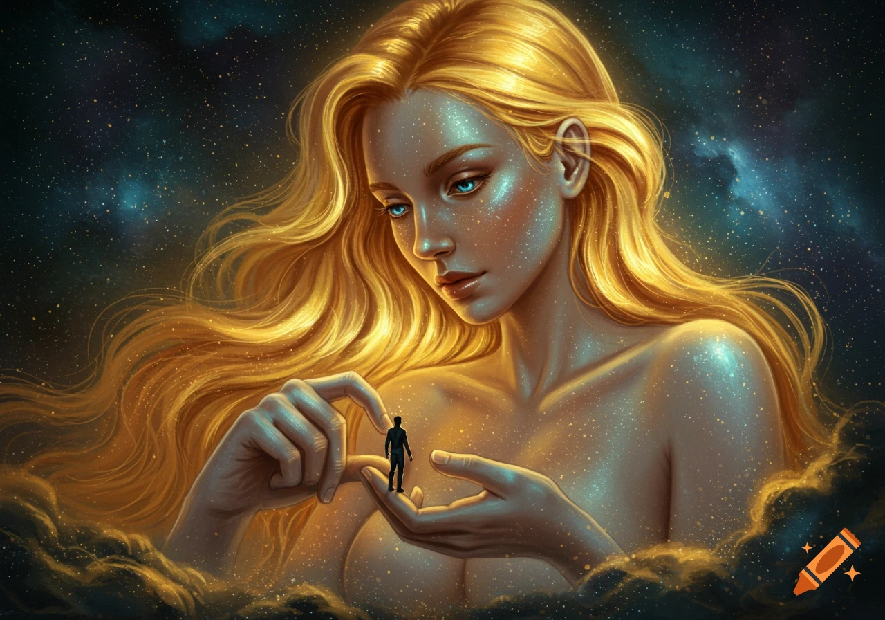 A giant woman with glowing golden hair and sparkling skin holds a tiny man between her fingers against a starry, cosmic background.