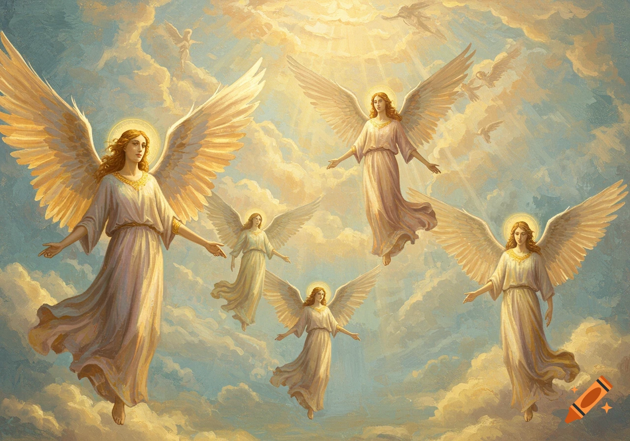 Multiple angels with golden wings fly among bright, sunlit clouds in an ancient painting style.