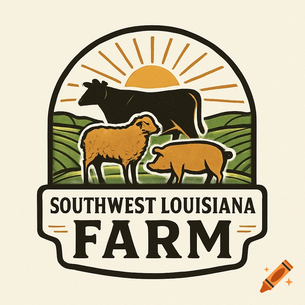 Vintage-style farm logo with a black cow, a brown sheep, and a brown pig in a green field under a rising yellow sun. Text reads "SOUTHWEST LOUISIANA FARM".