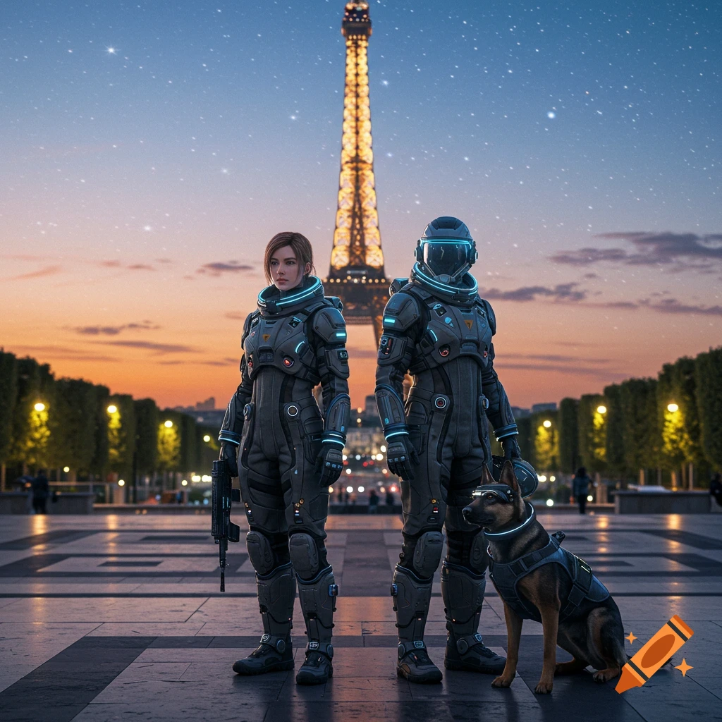 Two armored figures and a combat dog stand before the sparkling Eiffel Tower at dusk, in a sci-fi setting.
