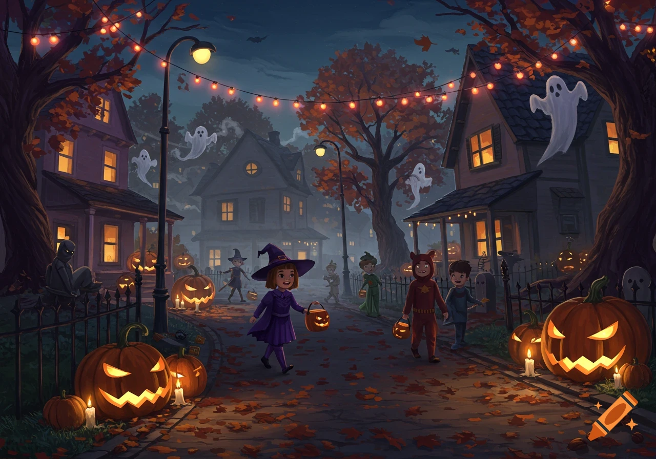 Illustrative Halloween night scene with children trick-or-treating among glowing jack-o'-lanterns and floating ghosts in a cozy neighborhood.