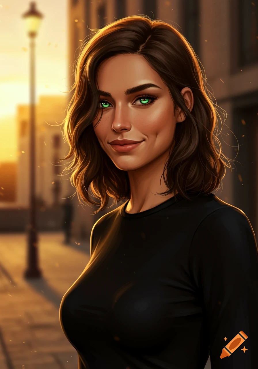 Digital portrait of a smiling brunette woman with bright green eyes and dimples, wearing a black shirt, at sunset.