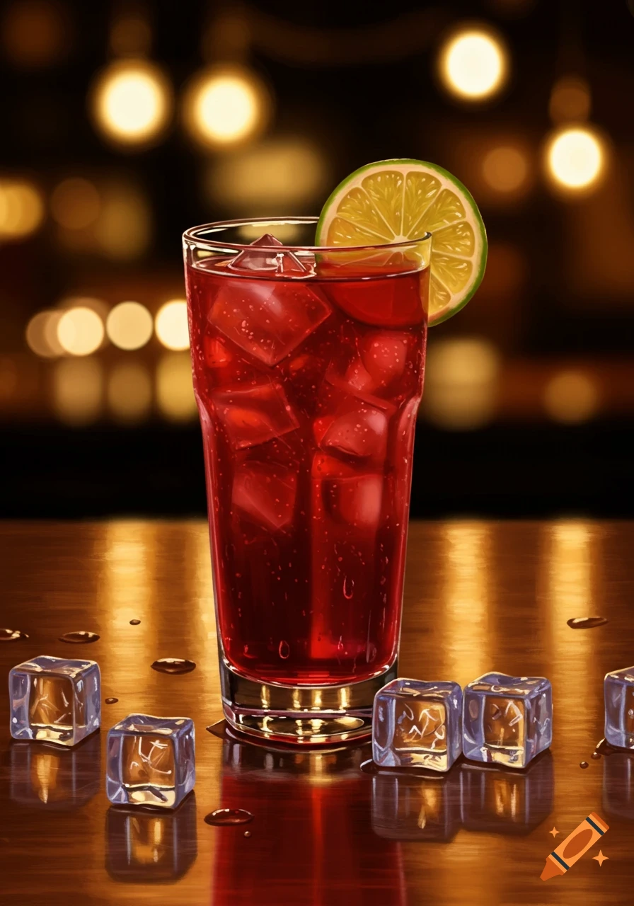 A vibrant red drink with ice and a lime slice in a glass on a shiny wooden bar counter, with bokeh lights in the background.