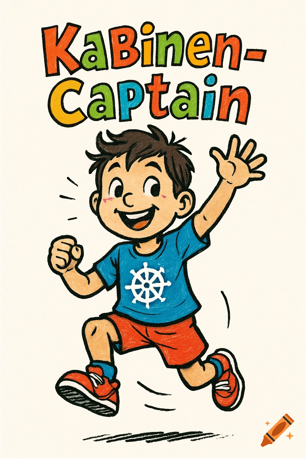 Comic-style illustration of a cheerful child wearing a blue T-shirt with a ship wheel, red shorts, and sneakers, with "KaBinen-Captain" text above.