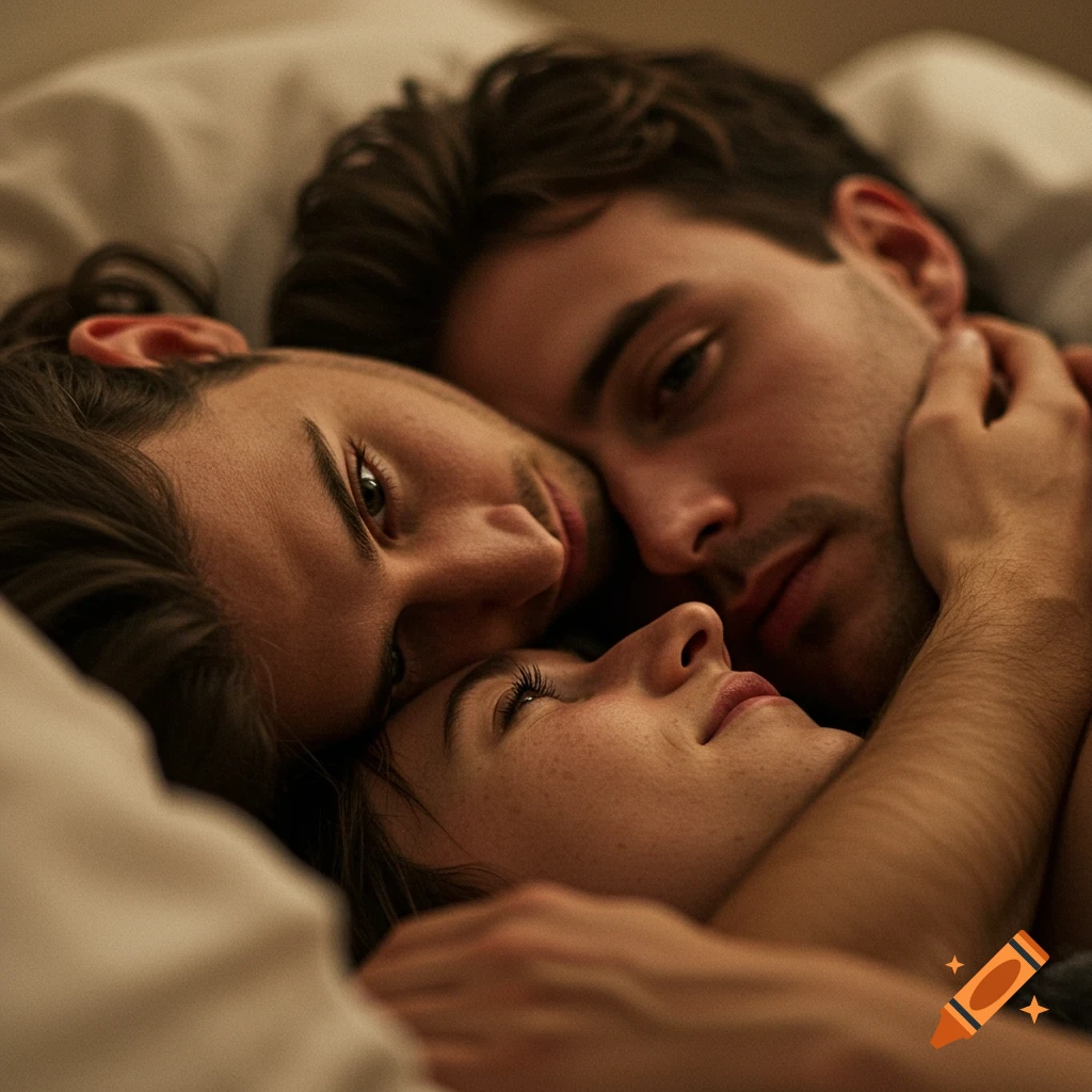 A photorealistic close-up of an intimate couple cuddling in bed, bathed in warm light.