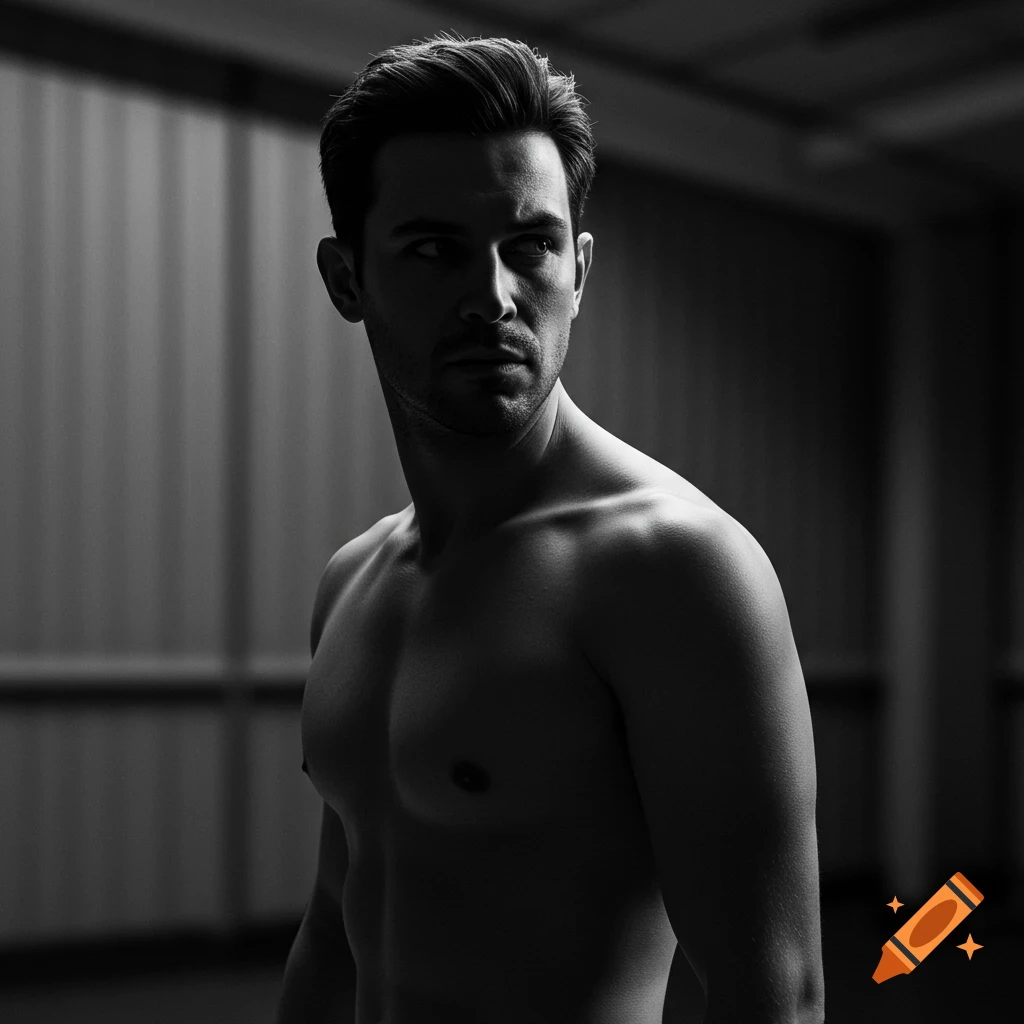 A black and white portrait of a shirtless man with dramatic lighting, looking intensely over his shoulder.