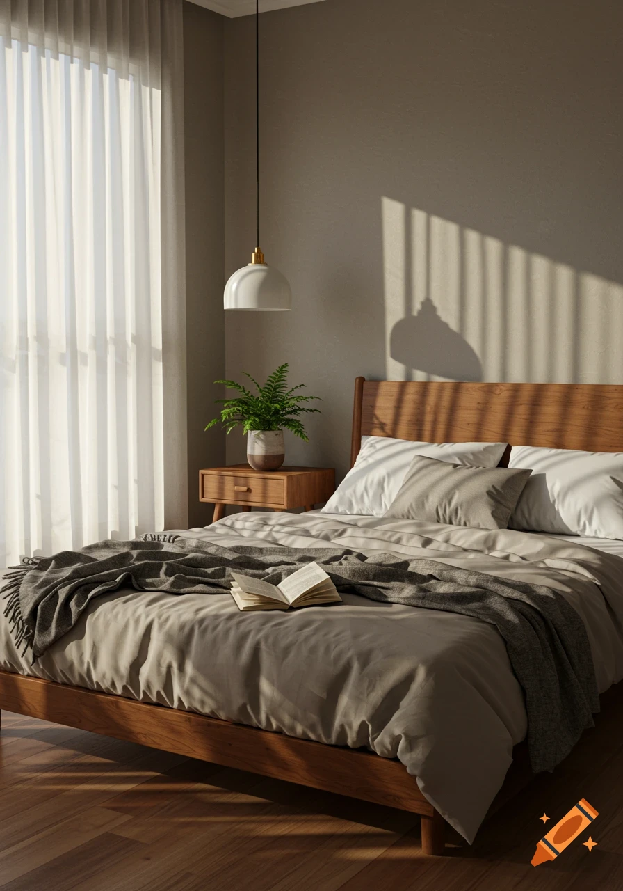 A sunlit modern bedroom with a wooden bed, gray bedding, a potted plant on a nightstand, and an open book.