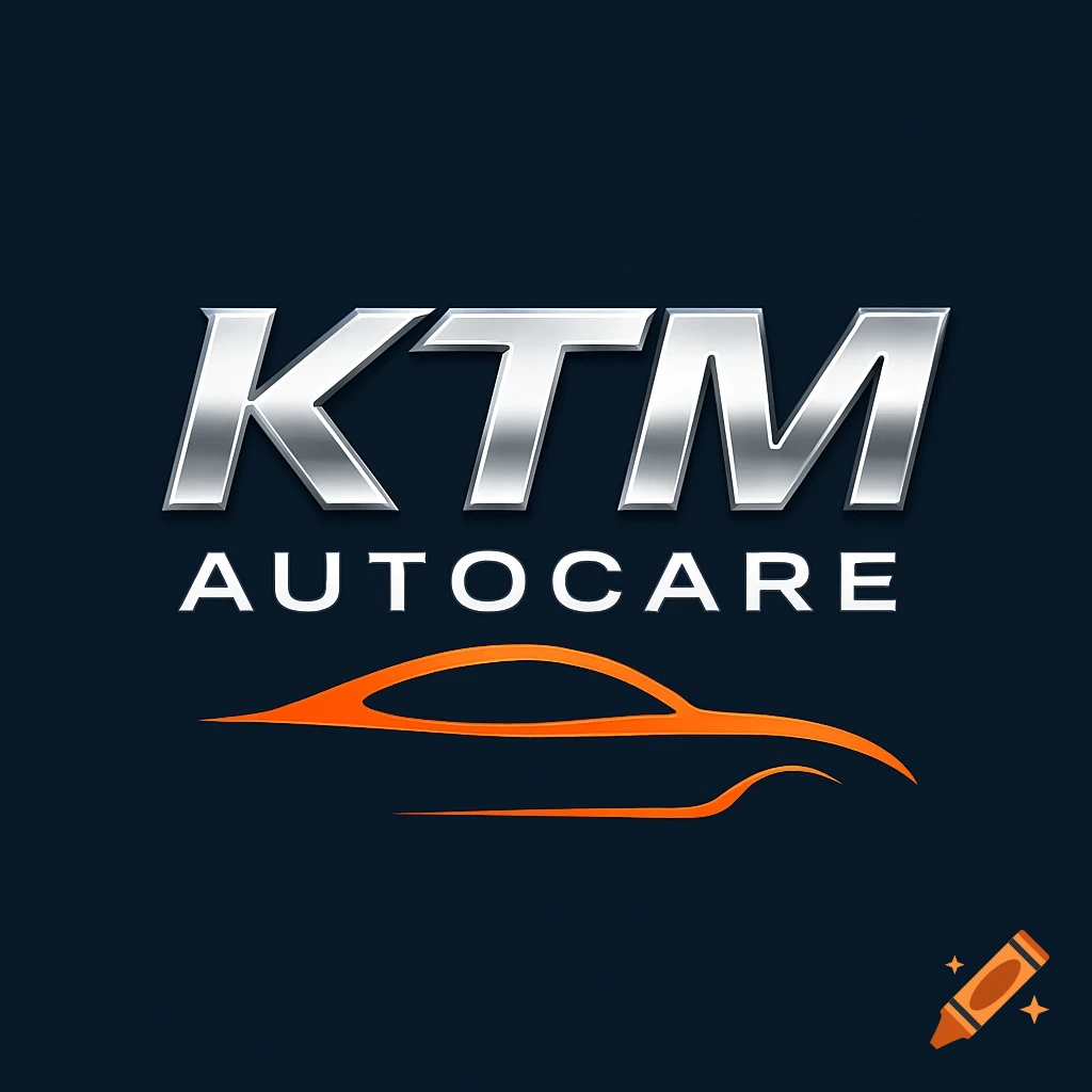 KTM AUTOCARE logo featuring metallic text and an orange abstract car outline on a dark blue background.