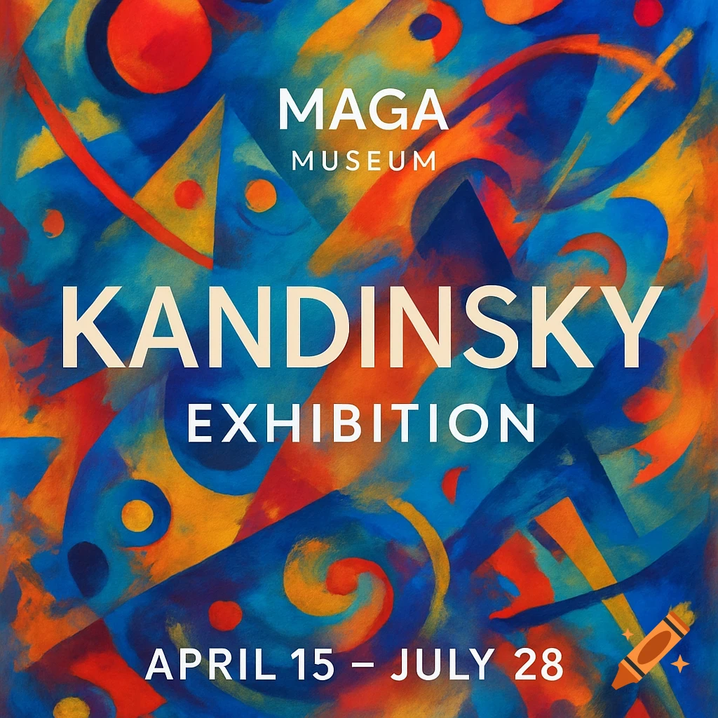 Vibrant abstract art poster announcing a Kandinsky exhibition at the MAGA Museum, running April 15 - July 28.