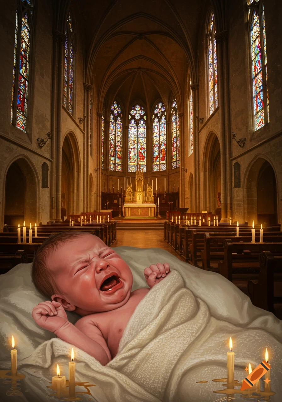 A crying newborn baby wrapped in a blanket lies among lit candles in a candlelit church with stained glass windows.