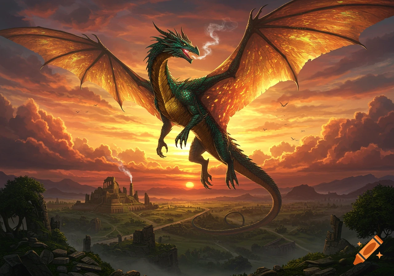 A majestic green and gold dragon with fiery wings flies over a fantasy landscape with an ancient city at sunset.