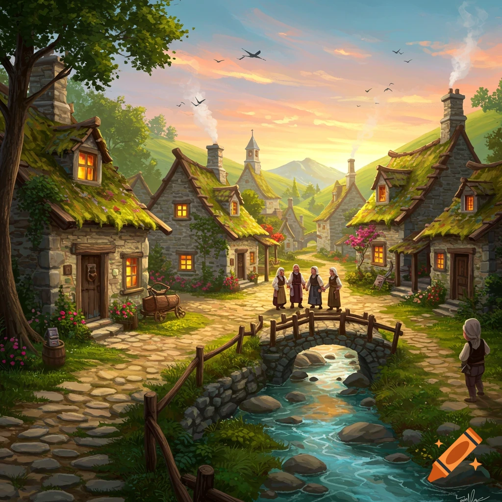 A vibrant, illustrative scene of a quaint stone village at sunset. Moss-roofed cottages line a cobbled path leading to a bridge over a stream, with villagers present.