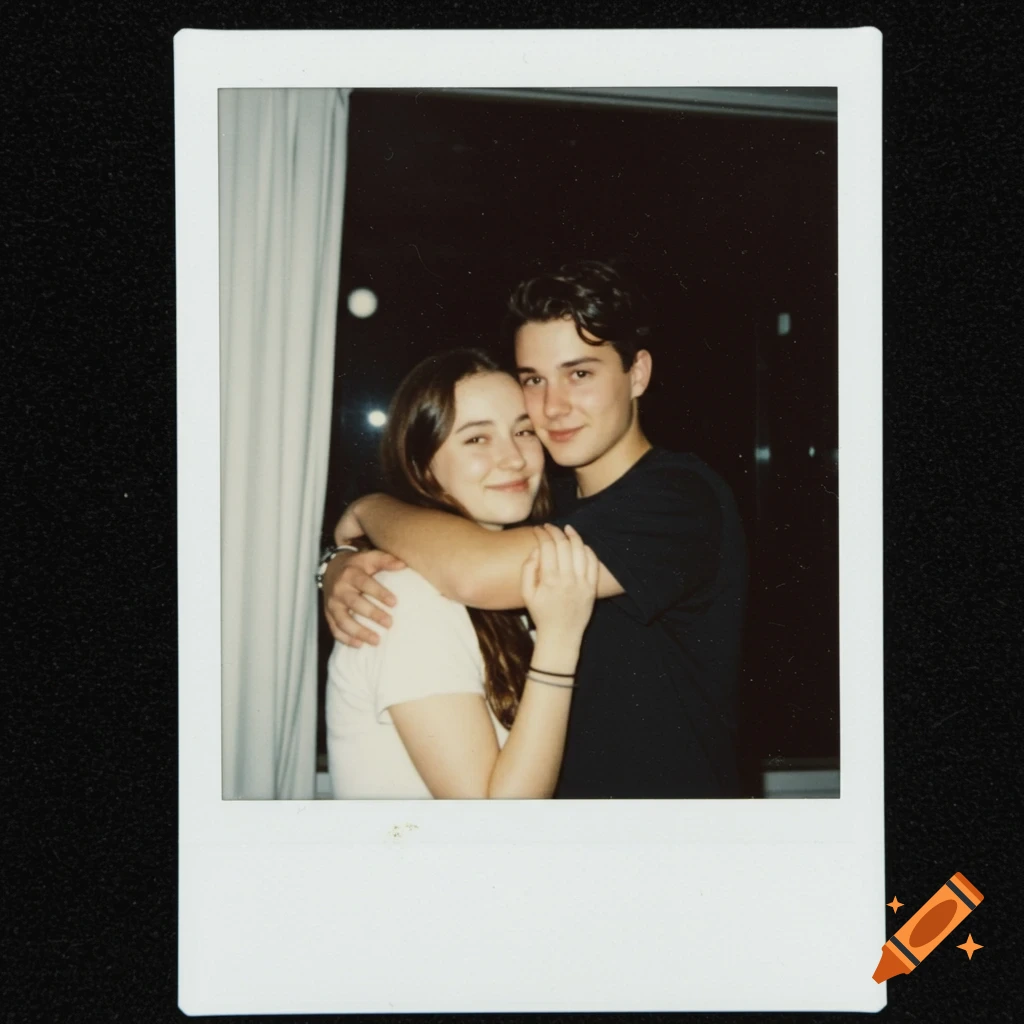 A young couple hugging in a slightly blurred Polaroid photo taken with a flash, white curtains in the background.